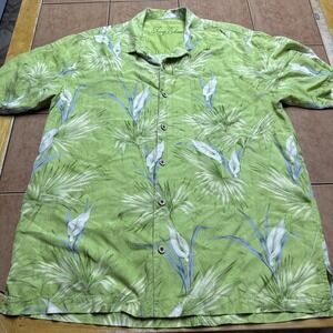 Tommy Bahama‎ Shirt Mens Sz Med 100% Silk Floral Green Button Up Short Sleeve